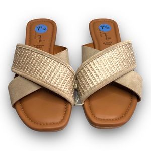 Mila Paoli Made In Italy Leather Raffia Cross Strap Flats Sandals Slides Casual